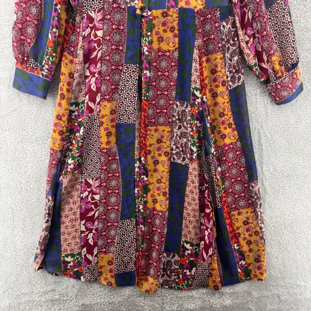 GILI Top Womens XXS Red Blue Patchwork Boho Sheer Button Up Midi Length Slit - Picture 4 of 16